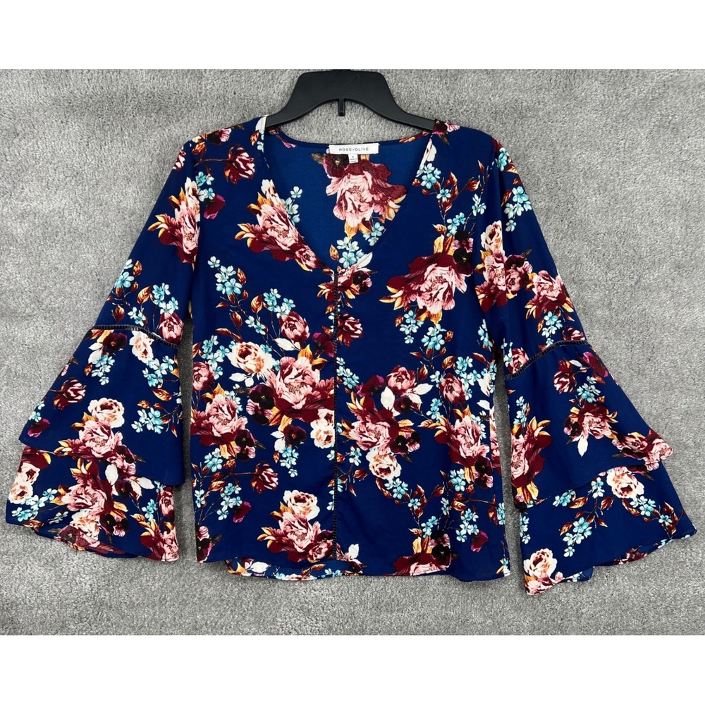 Rose + Olive Floral V-Neck Tiered Bell Sleeve Blouse Size S Boho‎